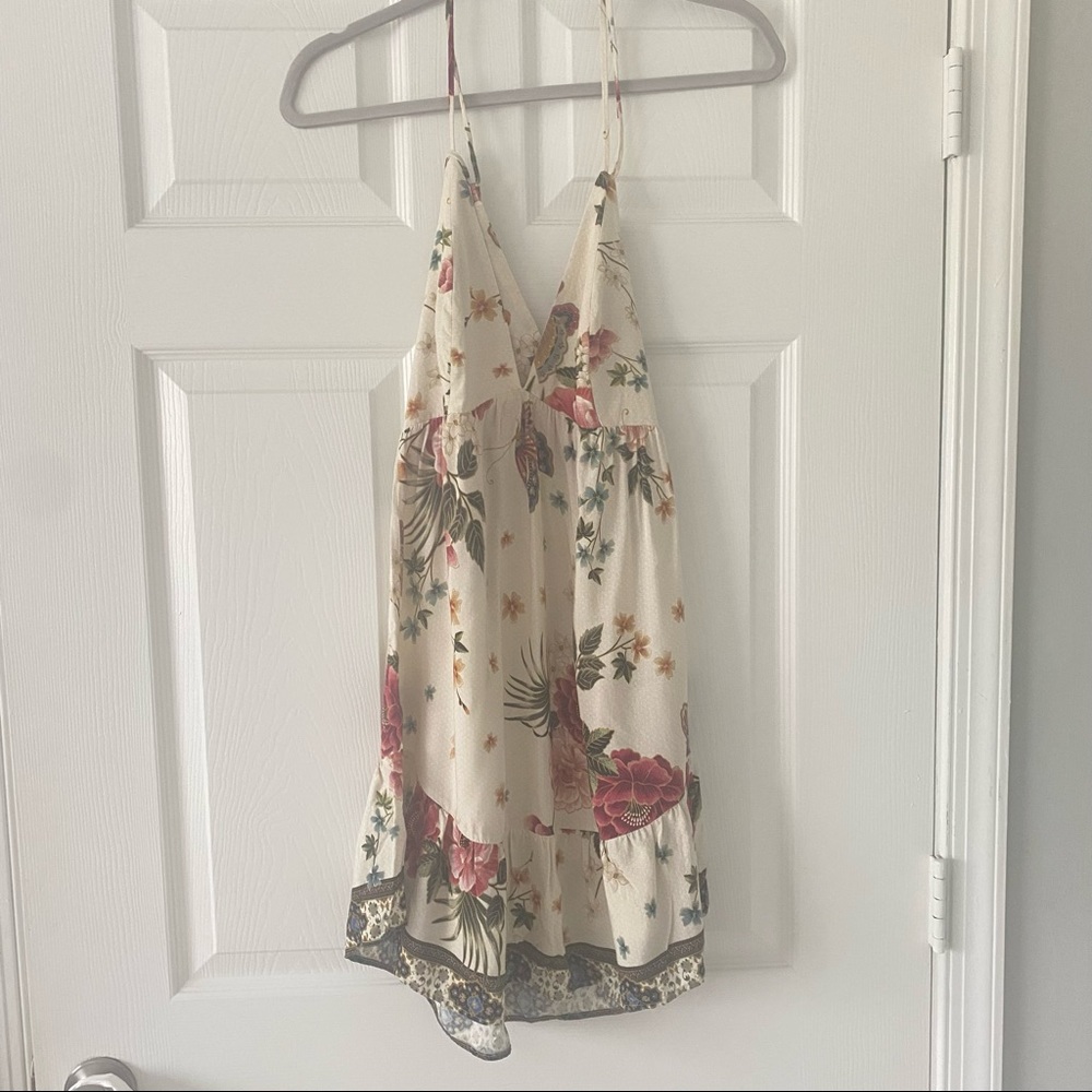 Farm Rio Ivory Pink Green Floral Mini Halter Dress Sz M